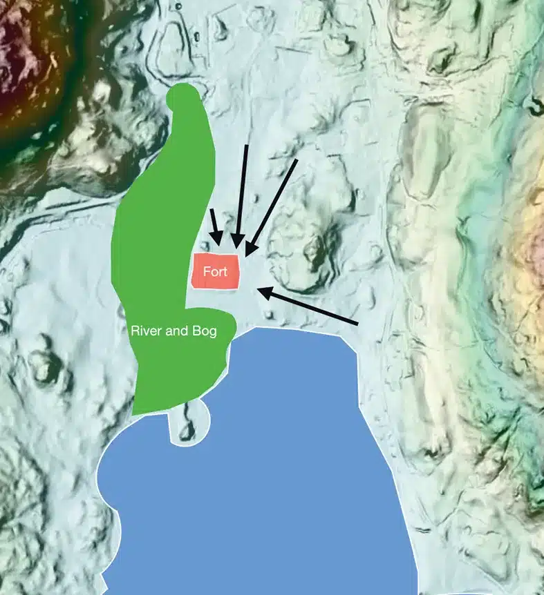 What happened at Ambleside fort? This map shows possible attack routes constrained by the local topography.
