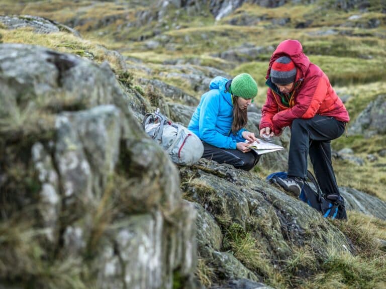 Hikers using map and compass