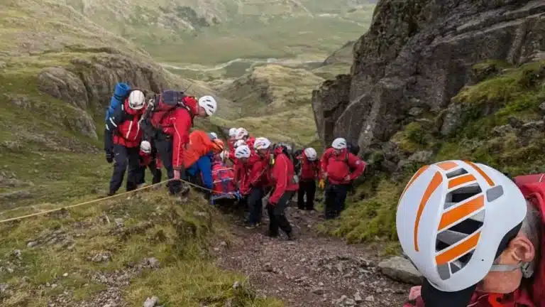 High winds made reaching the casualty difficult and he had to be carried by stretcher uphill to a Great North Air Ambulance helicopter